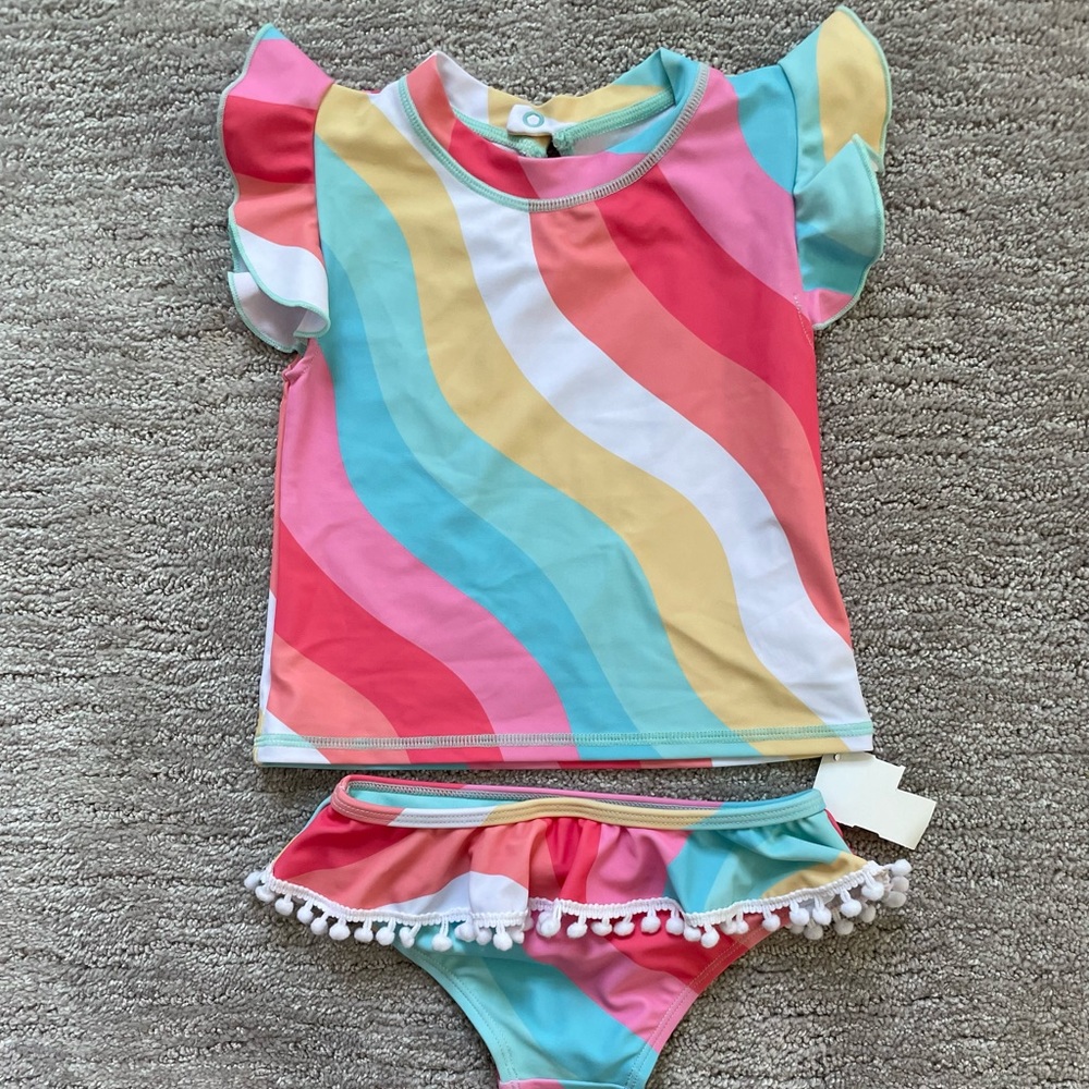 Feather 4 Arrow striped bathing with flutter sleeves and ruffle bottom NWT